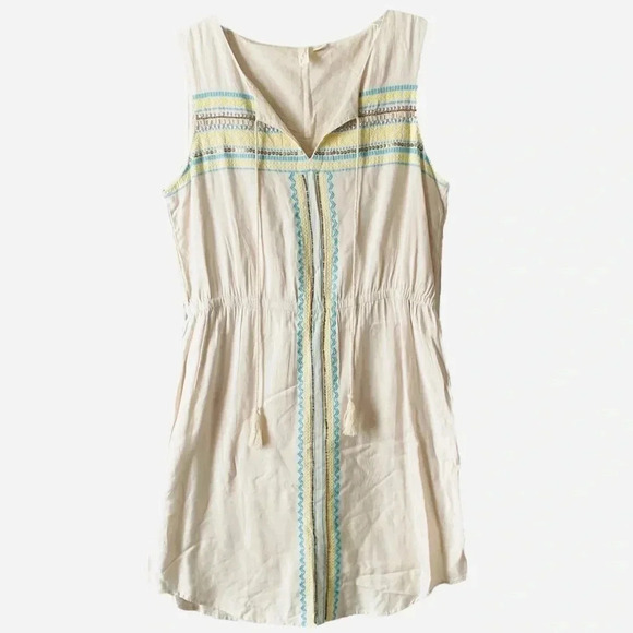 ANTHROPOLOGIE KENJI Aztec Beaded Embroidered Sleeveless Cotton Boho Dress Sz 12 - Picture 1 of 9